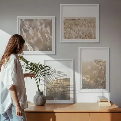Komplet štirih slik v okvirju motiv krajine s travo in cvetjem v toplih tonih