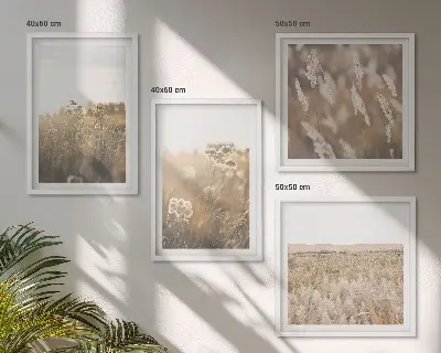 Komplet štirih slik v okvirju motiv krajine s travo in cvetjem v toplih tonih