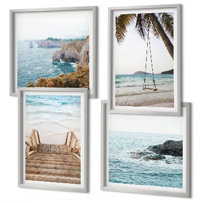 Set 4 slik v okvirju Stopnice plaža pogled na morje gugalnica
