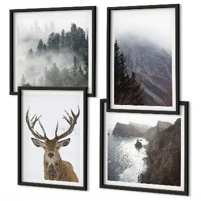 Komplet štirih slik v okvirju gorska pokrajina z meglo in jelenom
