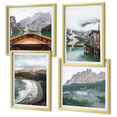 Set 4 slik v okvirju Lesena hiša na ladji v gorskih plažah