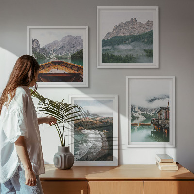 Set 4 slik v okvirju Lesena hiša na ladji v gorskih plažah