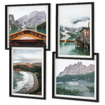 Set 4 slik v okvirju Lesena hiša na ladji v gorskih plažah