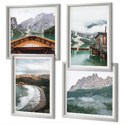 Set 4 slik v okvirju Lesena hiša na ladji v gorskih plažah