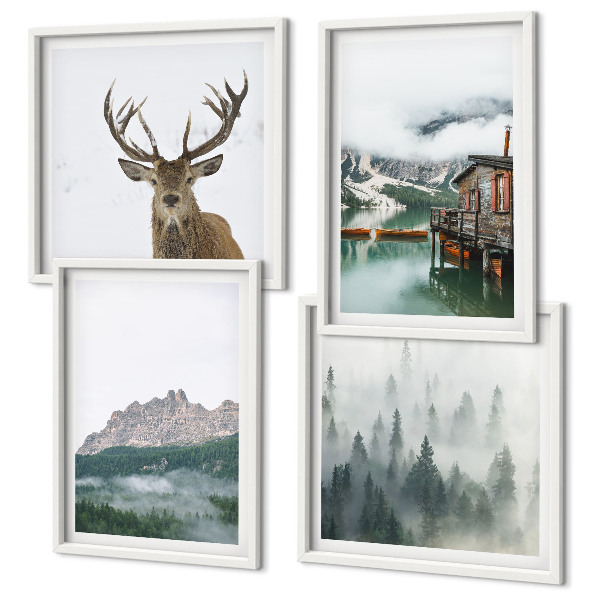 Set 4 slik v okvirju Gore, jezero, jeleni, koča, megla