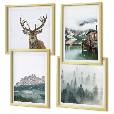Set 4 slik v okvirju Gore, jezero, jeleni, koča, megla