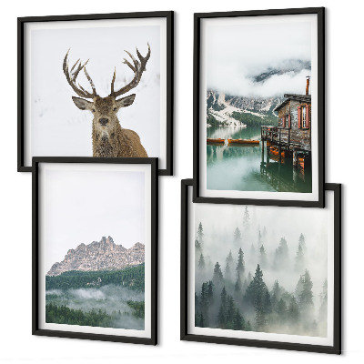 Set 4 slik v okvirju Gore, jezero, jeleni, koča, megla