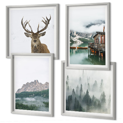 Set 4 slik v okvirju Gore, jezero, jeleni, koča, megla