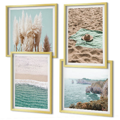 Set 4 slik v okvirju Klobuk iz trave na plaži z valovi