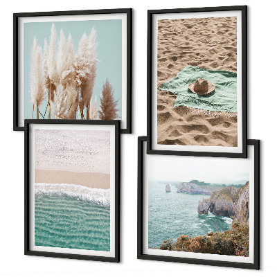 Set 4 slik v okvirju Klobuk iz trave na plaži z valovi