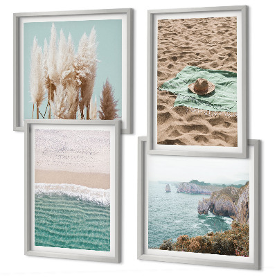 Set 4 slik v okvirju Klobuk iz trave na plaži z valovi