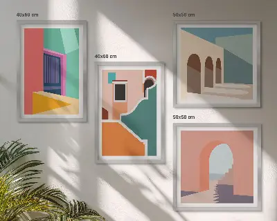 Pripravljena stenska galerija z barvitimi ilustracijami mesta