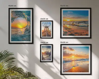 Komplet ujemajočih se slik morski sončni zahod in mestni mostovi