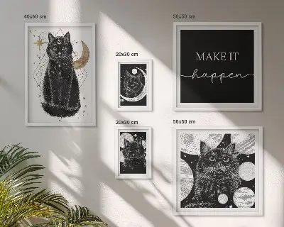 Poliptih v okvirju boho prostor s črnimi mačkami