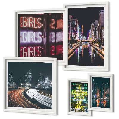 Set 5 slik v okvirju Sodobno mesto ponoči z neonskim ozadjem