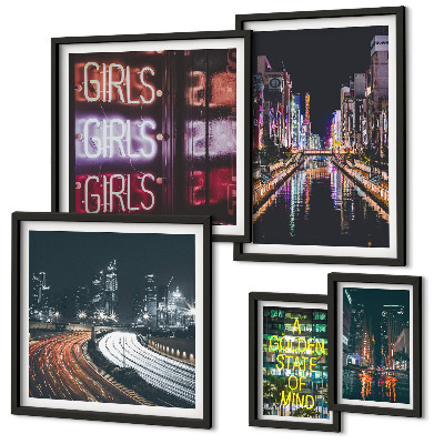 Set 5 slik v okvirju Sodobno mesto ponoči z neonskim ozadjem