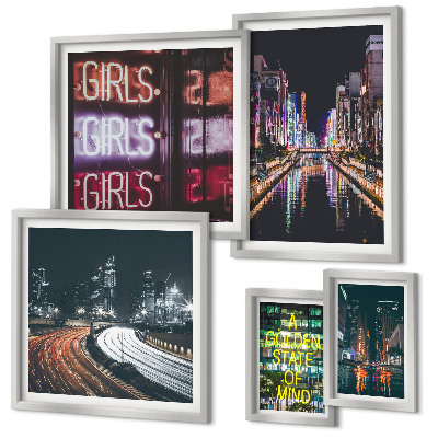 Set 5 slik v okvirju Sodobno mesto ponoči z neonskim ozadjem