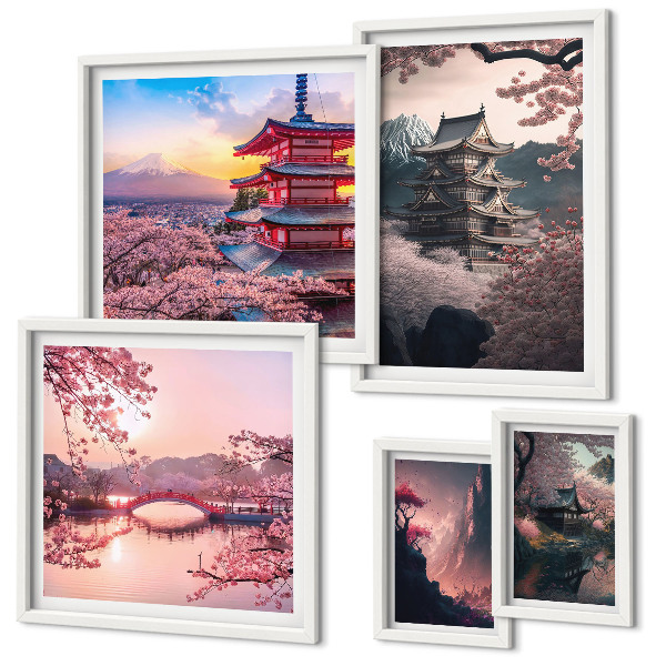 Komplet ujemajočih se slik Japonske pokrajine s češnjami