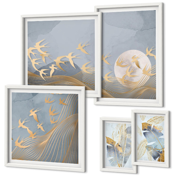 Set 5 slik v okvirju Elegantne ptice puščajo sivo