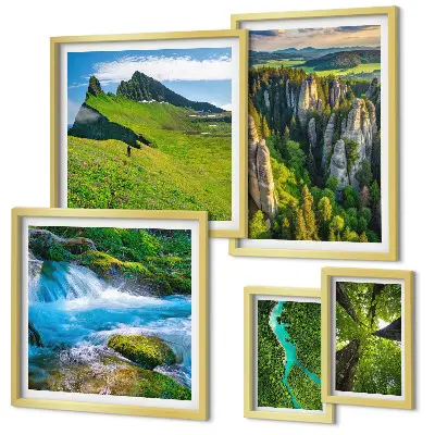 Komplet ujemajočih se slik s pokrajinami gora, rek in gozdov