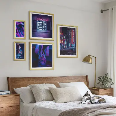 Neonske nočne mestne pokrajine komplet 5 slik v okvirju