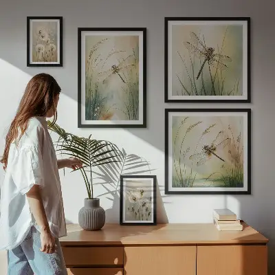 Komplet ujemajočih se slik z boho naravnimi motivi s kačjimi pastirji