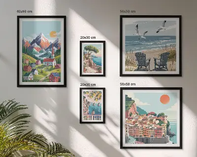 Poliptih v okvirju z motivom retro gorskih in morskih pokrajin