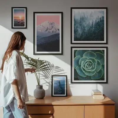 Komplet ujemajočih se slik pokrajine z gorami in morjem v boho stilu