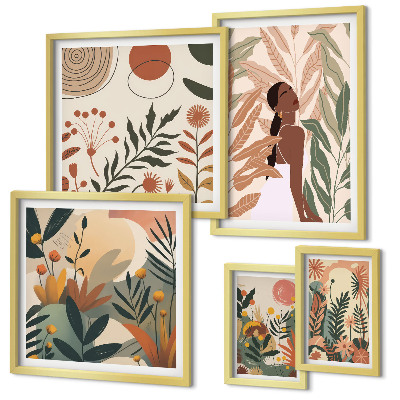 Poliptih v okvirju Boho stil z rastlinsko figuro