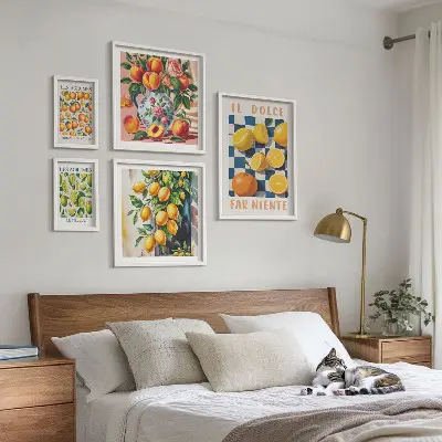 Komplet 5 slik v okvirju citrusni retro motiv za kuhinjo