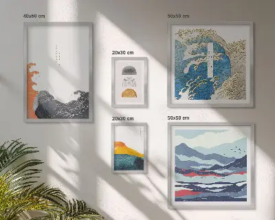 Poliptih v okvirju dekoracija v japonskem slogu z valovi in gorami