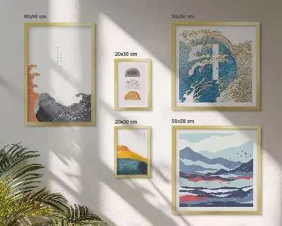 Poliptih v okvirju dekoracija v japonskem slogu z valovi in gorami