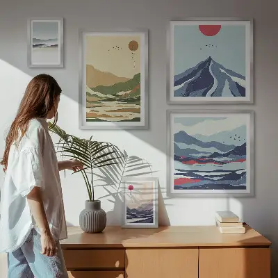 Komplet ujemajočih se slik gorske pokrajine z motivi narave