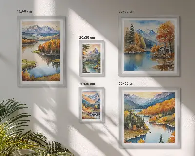 Komplet ujemajočih se slik jesenska drevesa ob gorskih rekah