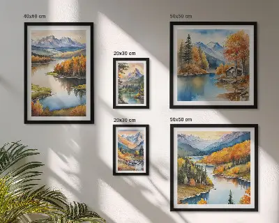 Komplet ujemajočih se slik jesenska drevesa ob gorskih rekah