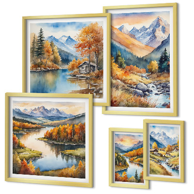Set 5 slik v okvirju Jesenske gore reke hiše