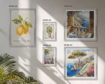 Komplet ujemajočih se slik s citrusnimi poudarki v mediteranskem slogu