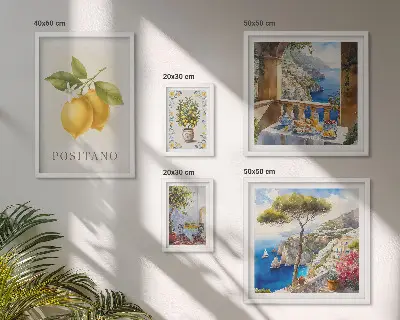 Komplet ujemajočih se slik s citrusnimi poudarki v mediteranskem slogu