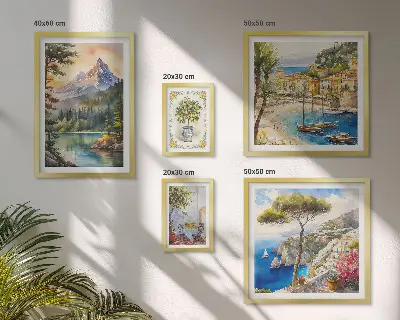 Komplet ujemajočih se slik z motivi gorske in morske pokrajine