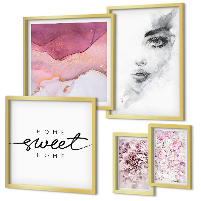 Set 5 slik v okvirju Ženski portreti, rože, pastel