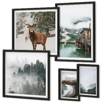 Komplet ujemajočih se slik z motivom narave, divjadi in gora